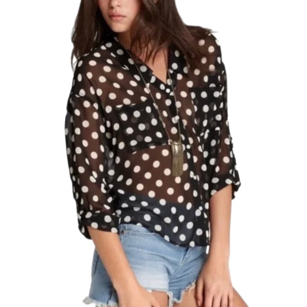 Free People Black/White Sheer Polka Dot Easy Rider Blouse Size Small